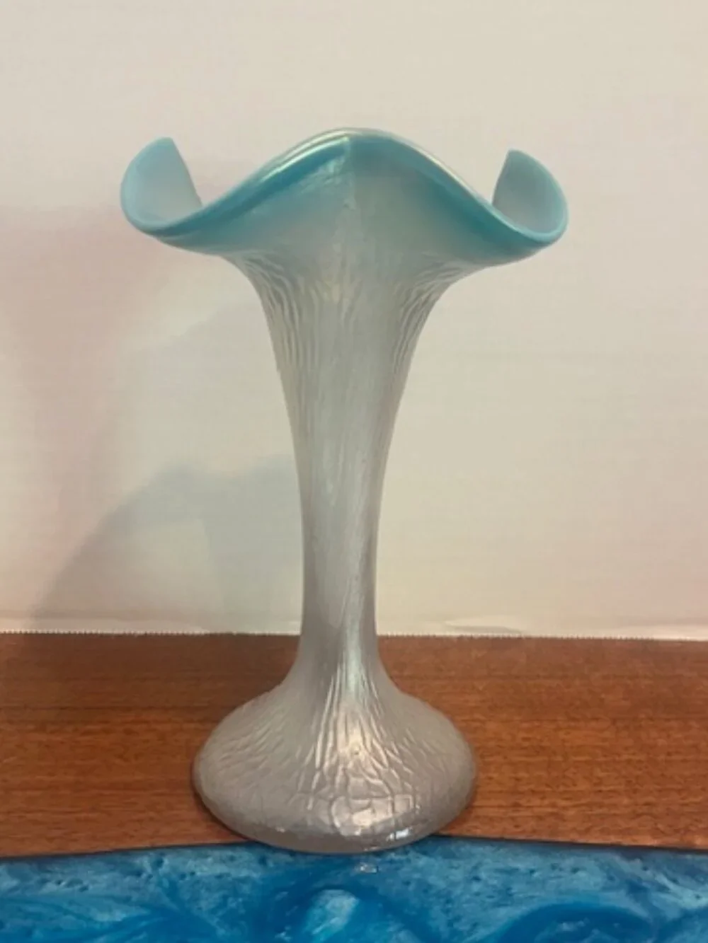 Kralik Martele Blue Ruffle Edge Iridescent Vase Bohemian Art Glass Vintage